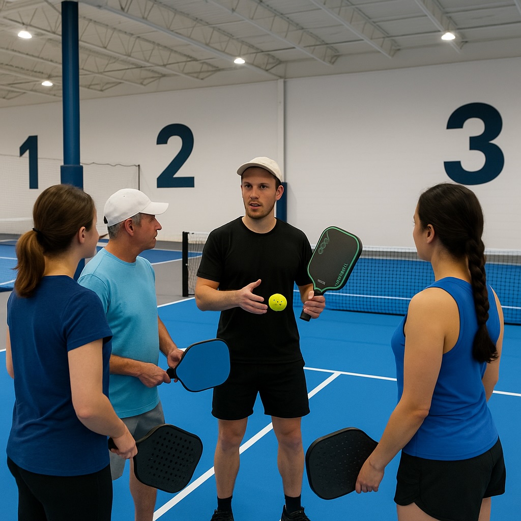 Pickleball player in action reaching for a low ball with spectators behind fence